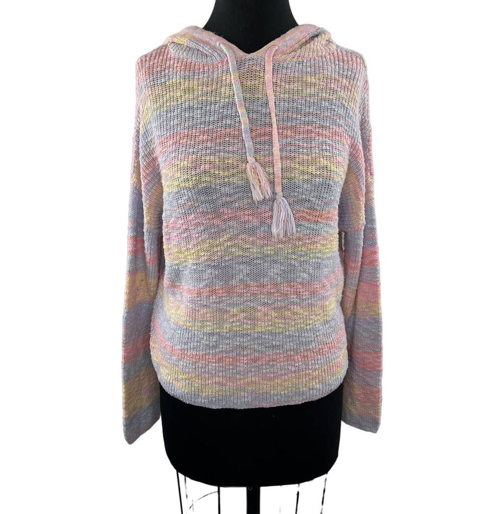 27 MILES Malibu Camilla Pastel Rainbow Long Sleeve Pullover Tassel Hoodie Sz S